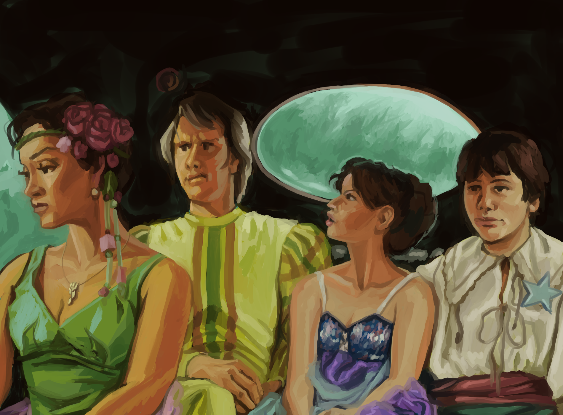 Digital painting of a screenshot from the Doctor Who episode Black Orchid. It shows the fifth Doctor and his three companions in the back of an old Edwardian police car. They are all dressed for a costume party, with the doctor in a jester-like outfit, Nyssa in a purple and blue sparkly dress, Tegan in a green flowery dress with roses in her hair, and Adric dressed as a pirate with his blue star pin for mathematical excellence pinned to his chest.