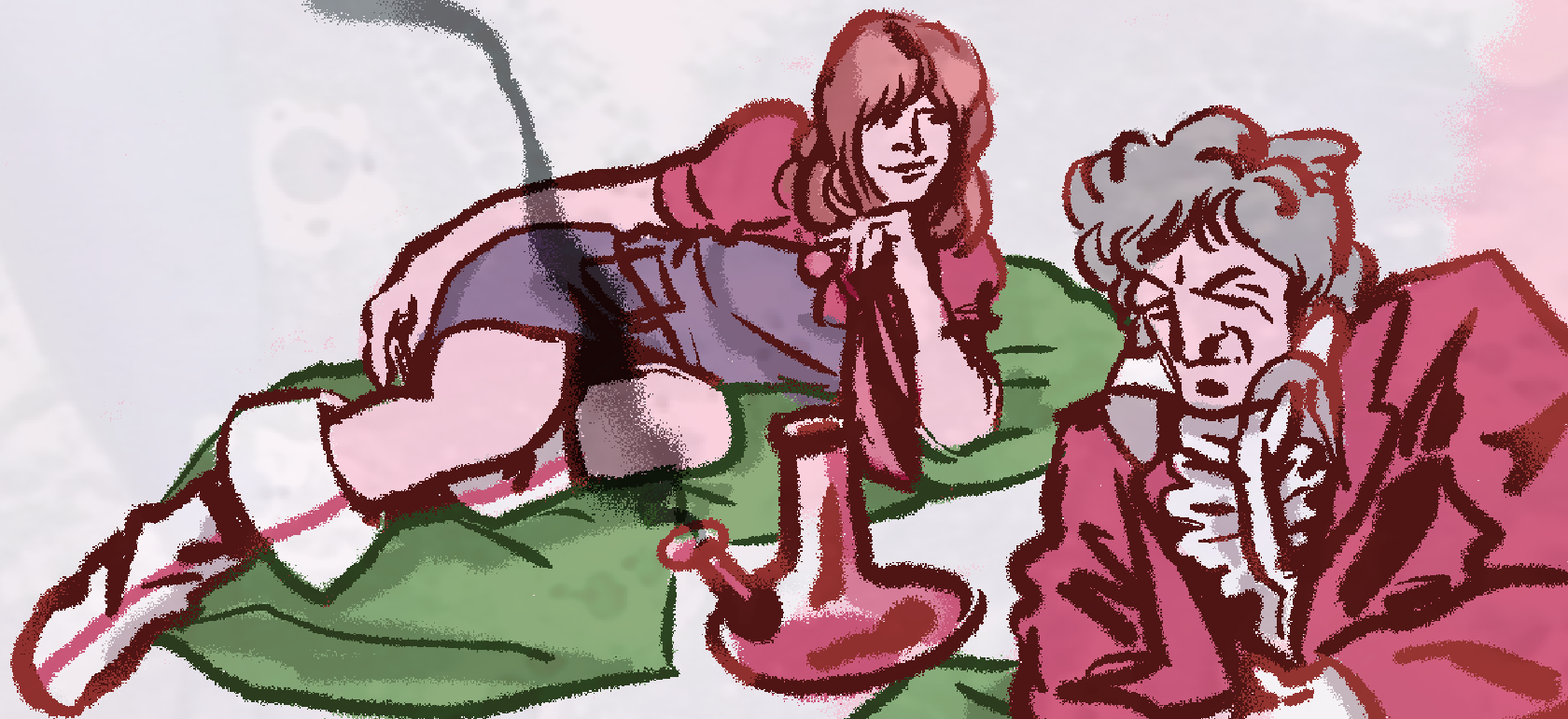Pixel art doodle of Jo Grant and the third Doctor from Doctor Who lying on green pillows with a smoking bong between them. Jo is wearing a red shirt under a blue overall dress and white boots, and the third Doctor is wearing his usual red velvet smoking jacket with a ruffly white shirt underneath.