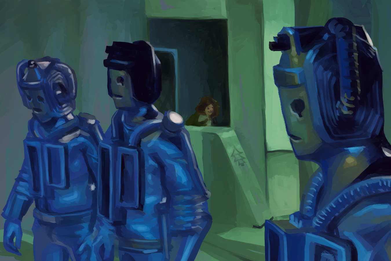 Digital painting study of a scene from Doctor Who. It shows three Cybermen standing looking off screen lit up blue. The Cybermen are robot-like shiny silver men with unmoving metal faces. Behind them is a short wall, behind which a girl with long brown hair and a green jacket is sneaking (and that girl? Sarah Jane Smith).