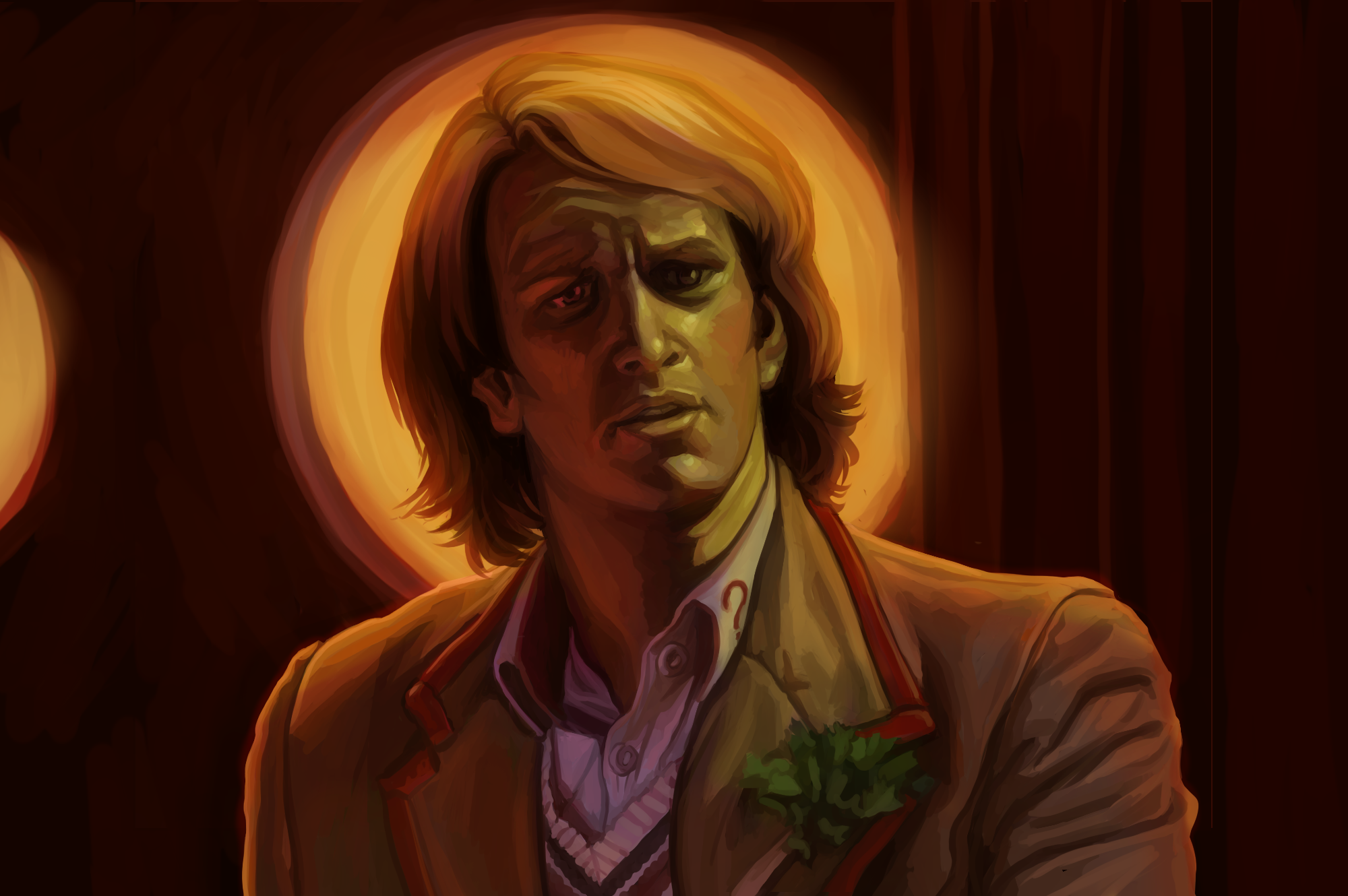 Digital painting of the fifth doctor from Doctor Who. In this painting his skin is lit up green. He has shaggy blonde straight hair nearly down to his shoulders, a bemused expression, and an outfit consisting of a beige frock coat with a sprig of cellery pinned to the lapel, a white collared shirt with a red question mark on the collar, and a cricketing sweater underneath. He is lit from behind by the glow of a roundel in the tardis.