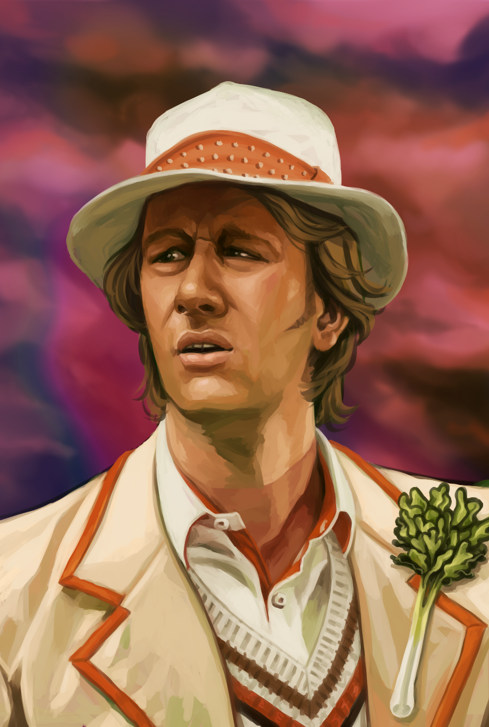 Digital painting of the fifth doctor from Doctor Who. He has shaggy blonde straight hair nearly down to his shoulders, light skin, a bemused expression, and an outfit consisting of a beige frock coat with a sprig of cellery pinned to the lapel, a white collared shirt with a red question mark on the collar, and a cricketing sweater underneath. The background is some kind of pink cloudy sky