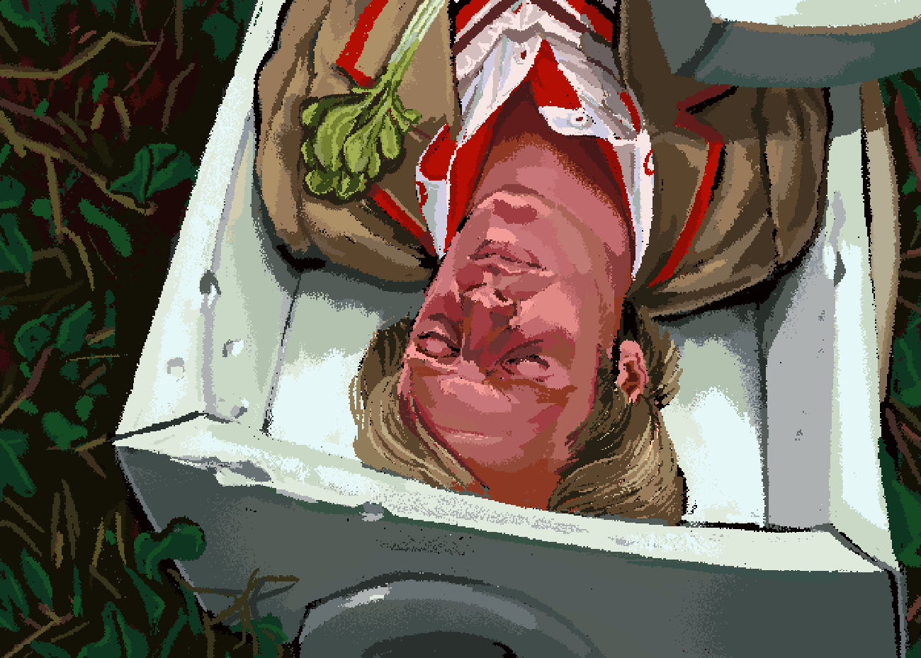 Pixel art of the fifth Doctor from Doctor Who. It shows him lying down in a white box about the size of a coffin called the Zero Cabinet. The lid of the cabinet is off and he appears to be asleep. The cabinet is surrounded by plant life.