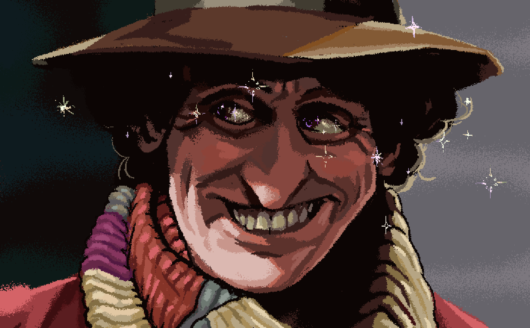 Pixel art portrait of the fourth Doctor from Doctor Who. It shows him in close up smiling mischievously with sparkles all around his eyes and eyeline. He is wearing a hat and scarf, and he has huge teeth and eyes.