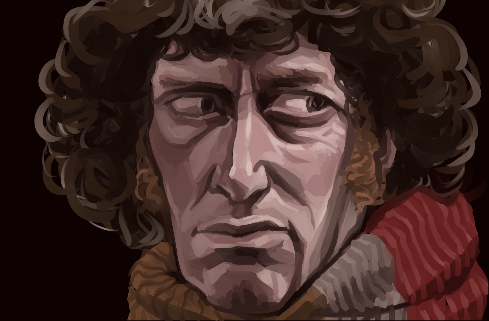 Digital painting of the fourth Doctor from Doctor Who up close. He has shaggy, curly brown hair, big 70s sideburns, pale skin, and large eyes. He is wearing a scarf and looking to his left suspiciously.
