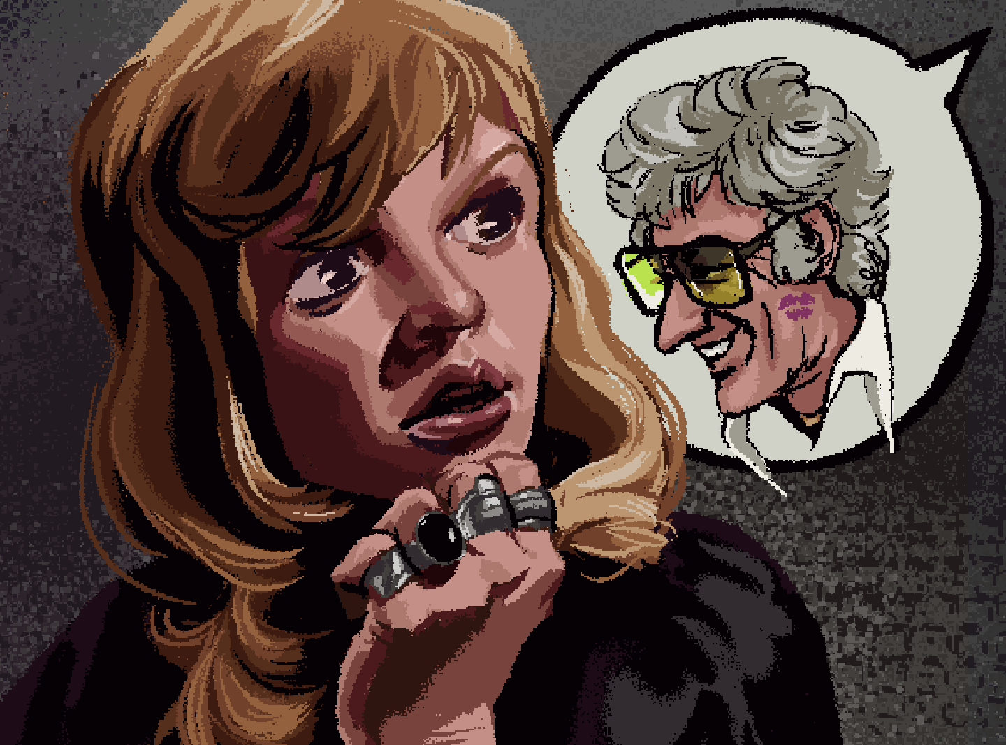 Pixel art drawing of Jo Grant from Doctor Who looking to the right while a speech bubble comes from the right side of the screen with a picture of the third Doctor in it. Jo has pale skin, long strawberry-blonde hair, and rings on each finger as she holds her hand up to her face. The third doctor is a pale-skinned older man with fluffy, wavy gray hair and a large nose. He is wearing sunglasses and smiling, and he has a lipstick mark on his cheek.