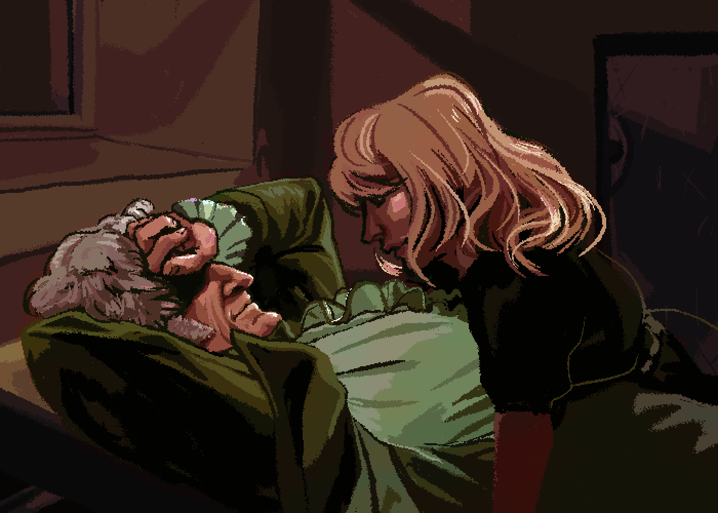 Pixel art drawing of the third doctor and Jo grant. The doctor is lying back on a table while Jo leans over him very closely and they smile at each other.