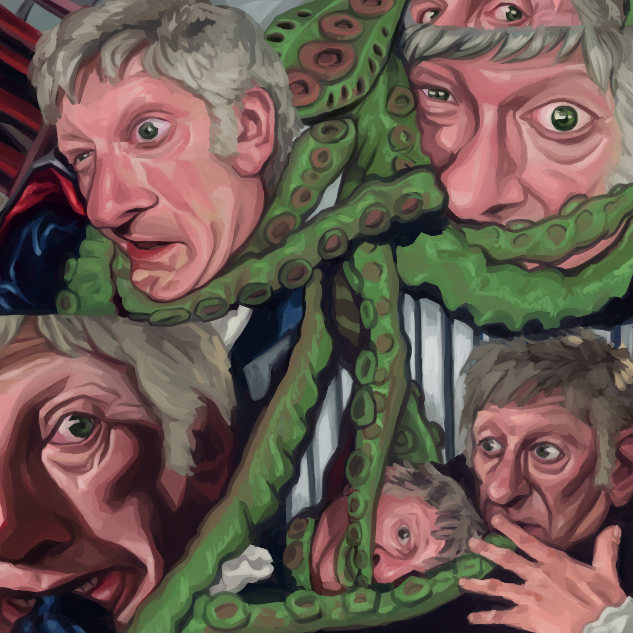 Digital painting of a collage of screenshots from the episode 'Spearhead in Space'. It shows the third doctor being strangled by tentacles in various ways.