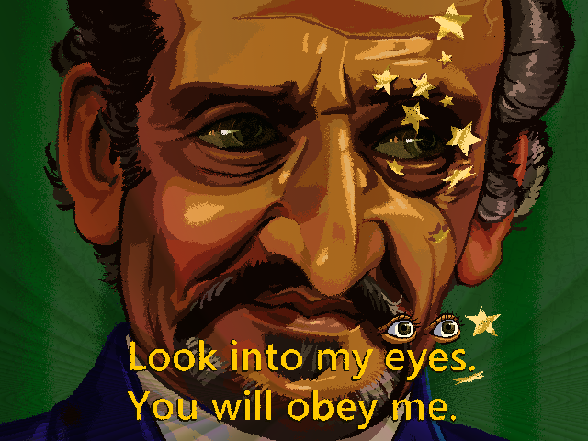 Pixel art drawing of the Master from Doctor Who as played by Roger Delgado. He is a light-skinned adult man with a pronounced widow's peak, and dark hair with gray streaks. He has a goatee and looks like an evil magician. He is smiling slightly and has large eyes and nose, and small lips. The text 'Look into my eyes. You will obey me.' is written on the picture, and there are star stickers falling down over his left eye.