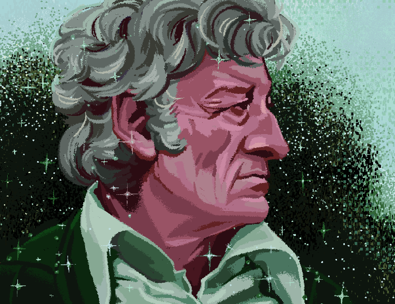 Pixel art drawing of the third Doctor in profile. He has curly gray hair and a pronounced nose, and he is an older man standing outside on a green background