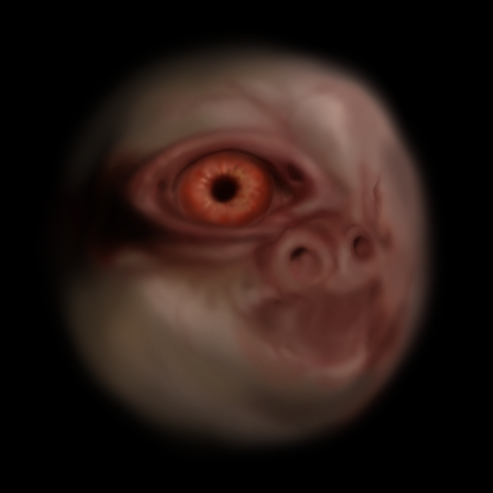 Digital painting on a dark background with a circle of flesh in the middle. The flesh has a strange face with skin over its open mouth, and an orange eye that looks like the pupil is almost a donut, not part of an eyeball