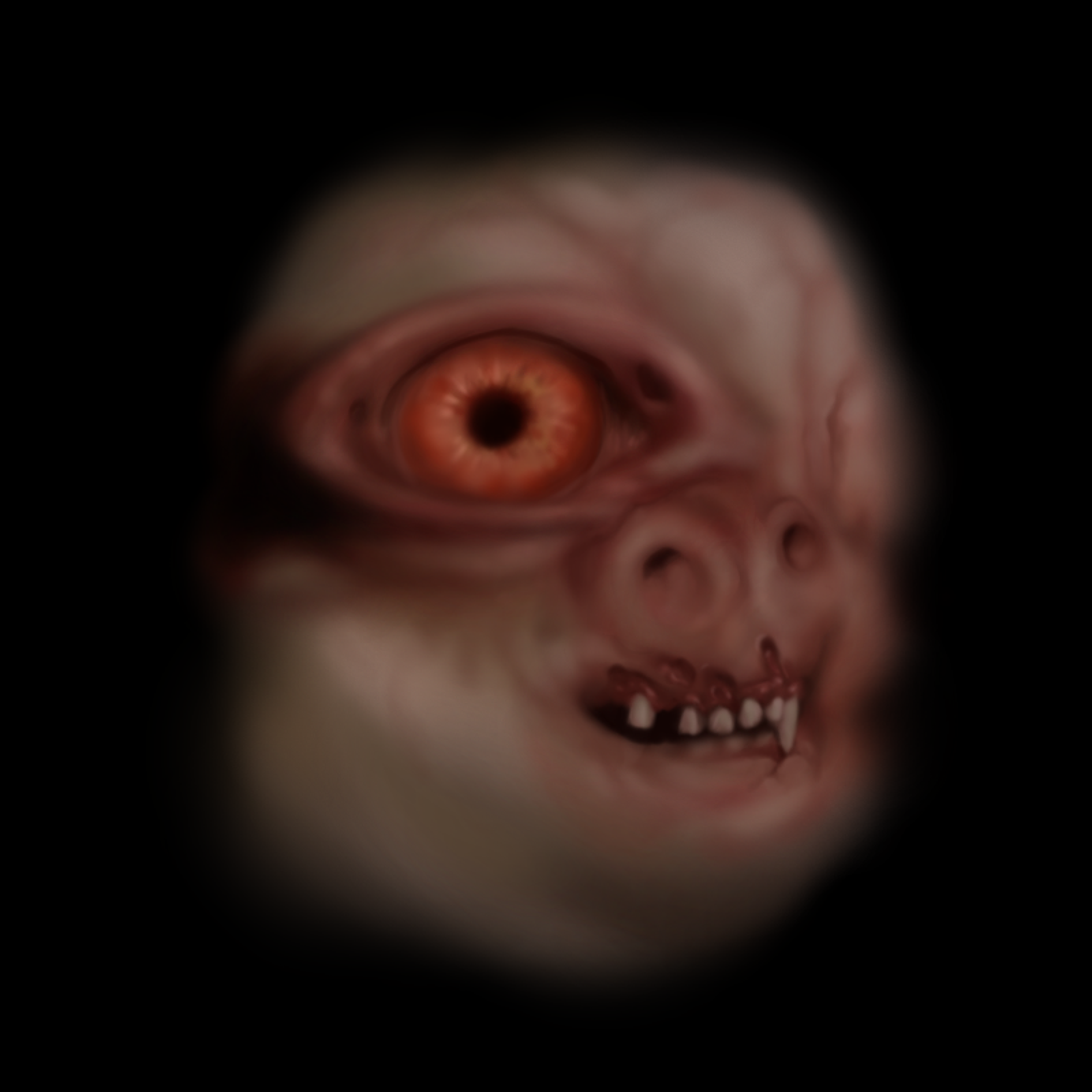 Digital painting on a dark background with a blurry face in the middle. The face has a menacing or silly smile and pig-like nose, and an orange eye that looks like the pupil is almost a donut, not part of the eyeball