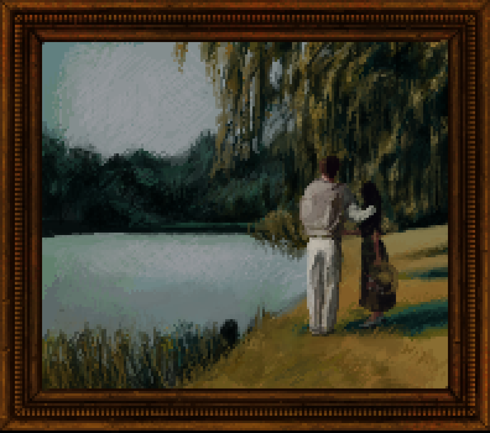 similar pixel art to the last painting but now the couple isn't facing the viewer and the man has his arm around the woman's shoulder