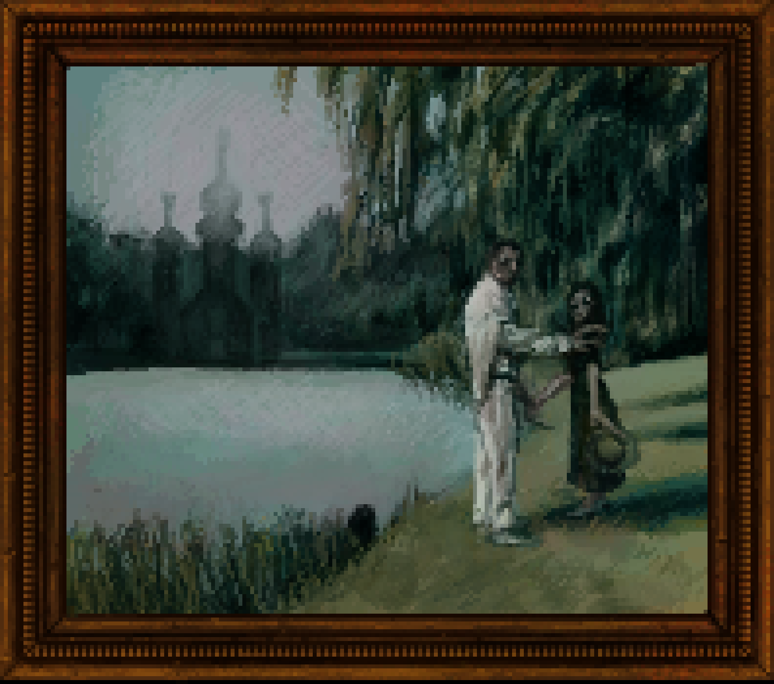 pixel art similar to the set of images previous in the thread of a couple in nice clothes by a lake, except the bright sunny colors have become dim and blue-ish, and it looks foggier. the couple are both looking over their shoulders at the viewer, and something has gone wrong with their bodies: their hands are elongated and the woman in particular has something strange about one eye that looks as if it's grown and almost glowing. across the lake a spectral shadow of a church has appeared next to the water