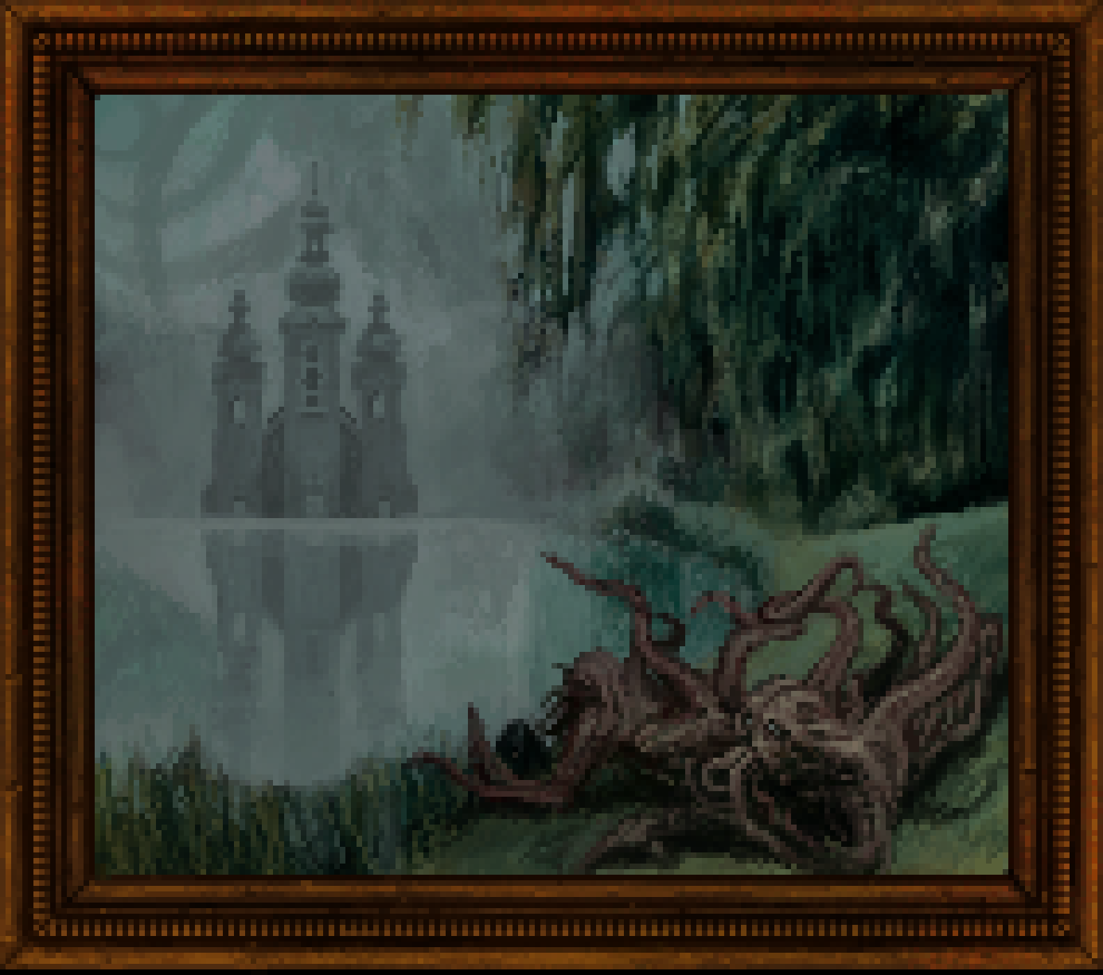 in the final stage, the pixel art painting has become even more dim and blue-green. the church has solidified across the lake, and sits menacingly reflected in the water. in the sky above it there is some huge shadow with tentacles coming off it that is difficult to see in the fog, and on the near shore, where the couple was, there are two creatures lying on the ground covered in tendrils and instead of having human faces, they have glowing eyes and huge mouths that have tentacles coming out of them
