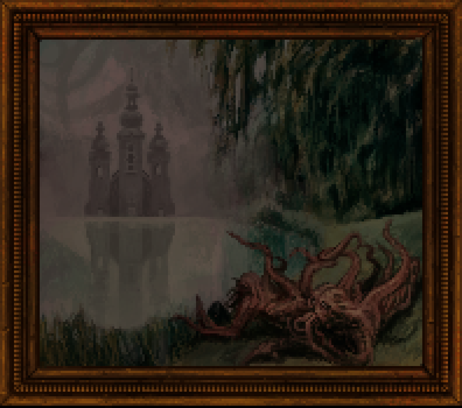 in the final stage, the pixel art painting has become tinged with red. the church has solidified across the lake, and sits menacingly reflected in the water. in the sky above it there is some huge shadow with tentacles coming off it that is difficult to see in the fog, and on the near shore, where the couple was, there are two creatures lying on the ground covered in tendrils and instead of having human faces, they have glowing eyes and huge mouths that have tentacles coming out of them