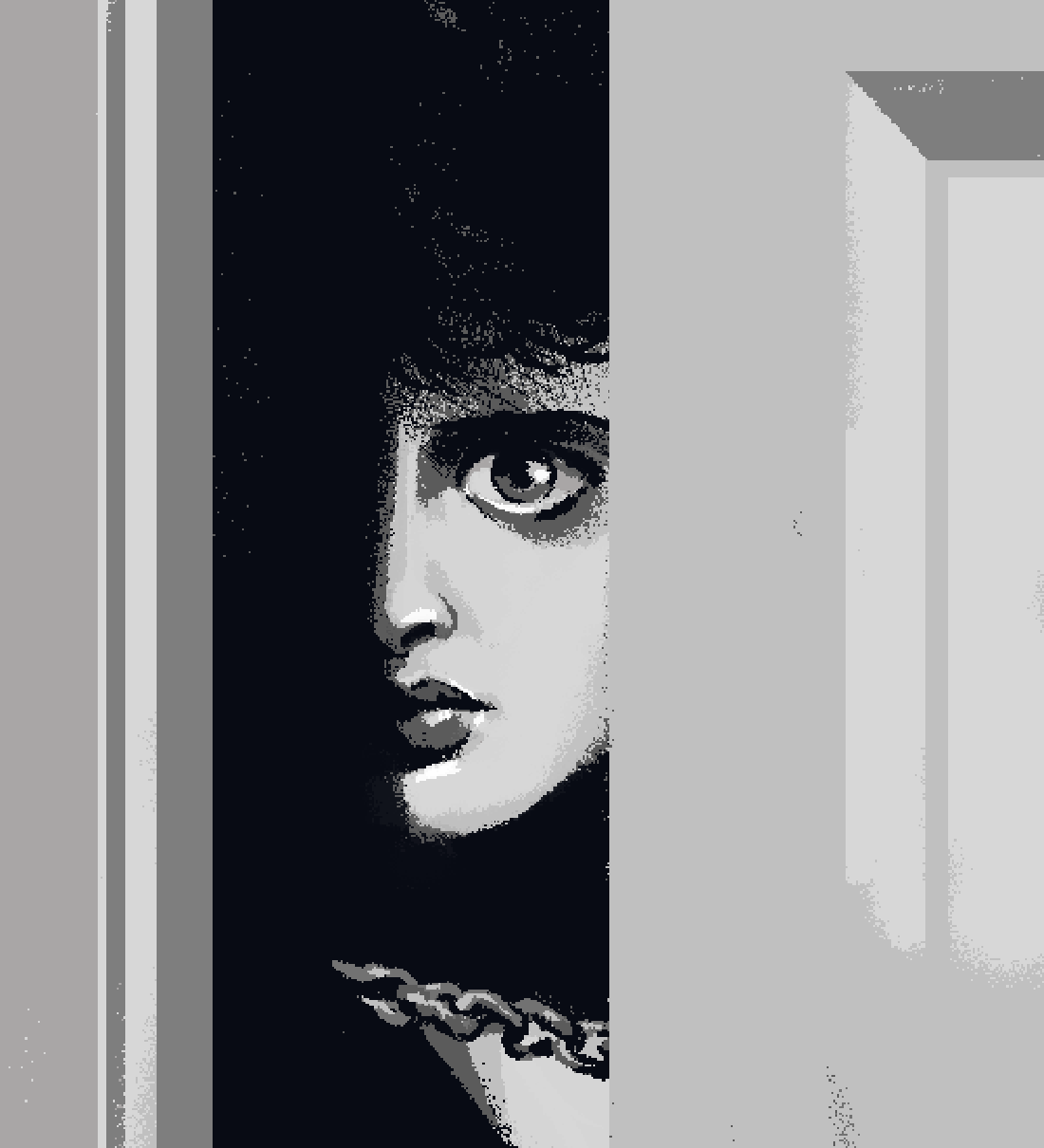 Black and white pixel art drawing of Isabella Rossellini in Blue Velvet. The picture shows her peeking through the crack in an open door which is still chained shut from her side. She looks out intently, with half her face in shadow, only one eye visible.