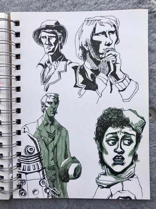 Photo of a sketchbook page showing an ink drawing of a Dalek from Doctor Who. It looks like a tentacle monster inside a metal 'body', which has opened up to reveal it inside. It has one eye and many tendrils reaching out to control the body