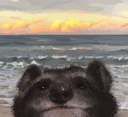 Pixel art paintover of a photo of a possum on a beach, but this time it is drawn over to be a raccoon right in front of the camera with a sunrise or sunset going on in the background