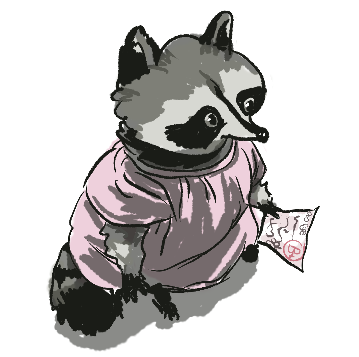 Digital drawing of a raccoon in a plain pink dress looking a little stressed holding a piece of paper that is a school assignment graded with a B+
