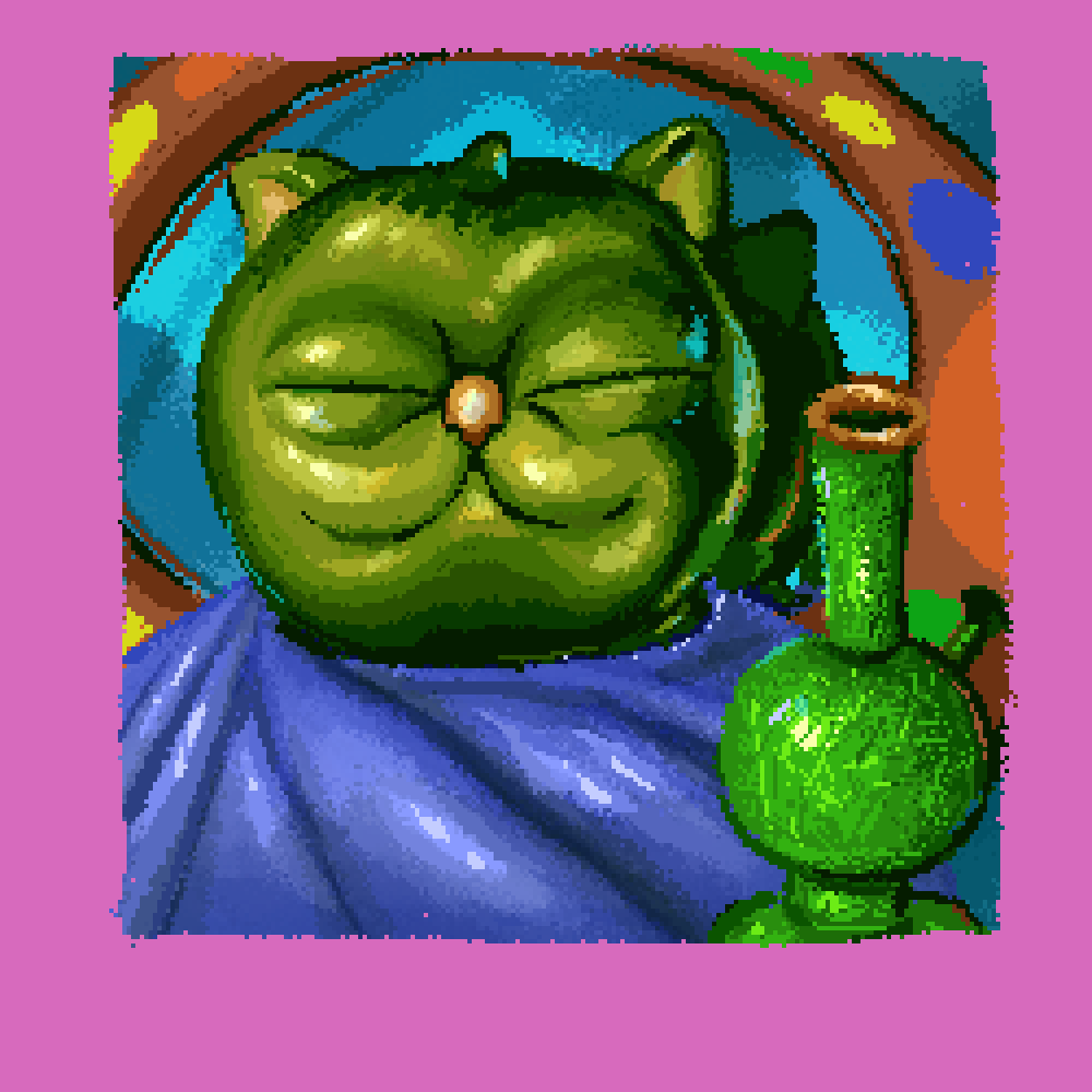 Pixel brush drawing of a round-faced green cat-human hybrid sitting in a barber's chair with a green bong