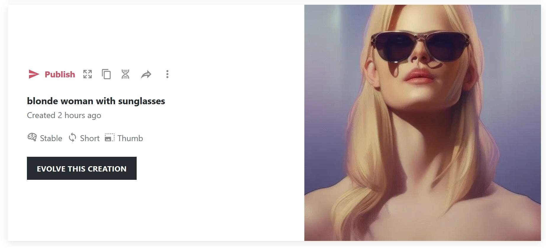 Screenshot of an AI generated art piece and the prompt. The prompt reads 'blonde woman with sunglasses', and the art shows a digital illustration of a blonde white conventionally attractive woman wearing sunglasses on a pale lavender background