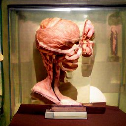 AI generated image of what looks like the muscles of the head and neck in a altars exhibit behind glass