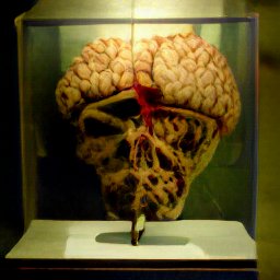 AI generated image of what looks like a brain and other strange organs behind glass in a altars exhibit