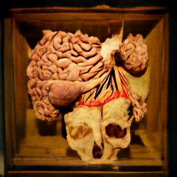 AI generated image of what looks like brains, or intestines coming out of a skull sitting in some kind of wooden box