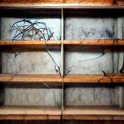 AI generated image of a wooden shelf on a concrete wall that looks old and dirty