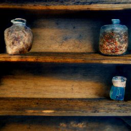 AI generated image of a wooden shelf with three large glass jars on the shelves that are full of indeterminate substances