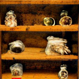 AI generated image of wooden shelves with strange objects on them. Some look like seashells, others look like jars with something inside them, others are impossible to identify