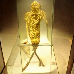AI generated image of what looks like a sort of figure or sculpture made of golden roots inside glass at a altars