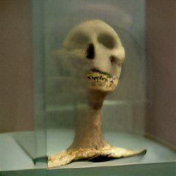 AI generated image of what looks like a humanoid skull sculpture behind glass in a altars