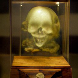 AI generated image of a blurry skull hovering inside a glass case