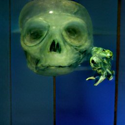 AI generated image of what looks like a humanoid skull crossed with a barreleye fish head. It is green and the eye sockets are bulbous