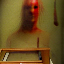 AI generated image of what looks like a half-invisible red figure with hard-to-discern features and long wispy hair
