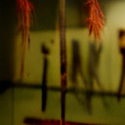 AI generated image of what looks like red hanging objects in a dim room