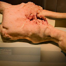 AI generated image of what looks like a large lump of flesh, maybe person-sized, lying on a plinth indoors