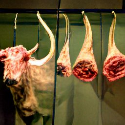 AI generated image of hocks of meat and a skinned bull's head mounted on a altars wall