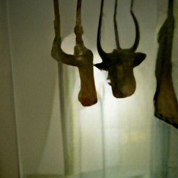 AI generated image of what looks like cow skulls mixed with cow vertebrae hanging from the ceiling in a dim room