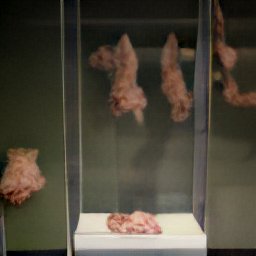 AI generated image of lumps of cow flesh displayed in glass altars cases