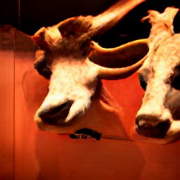 AI generated image of two cow's heads mounted onto a red wall