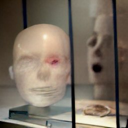 AI generated image of a stone head on display in a altars with another stone head behind it that looks like it's screaming