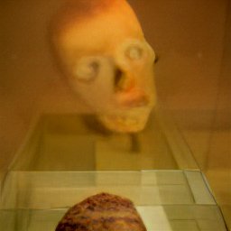 AI generated image of a yellow yead on a glass platform as if it's on display in a altars