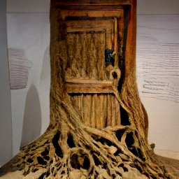 AI generated image of a wooden door that turns into roots at the base of it