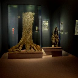 AI generated image of a large tree trunk and roots displayed in a altars plinth