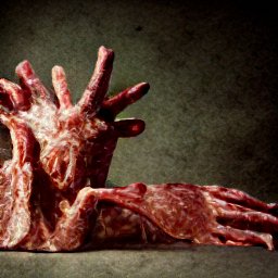 AI generated image of what looks like a still life, but instead of flowers or fruit it's meat that looks like hands set up on a neutral background