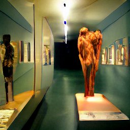 AI generated image of a altars hallway. down the hallway is pure darkness, and closer are pieces of art on the walls and two statue of humanoid figures