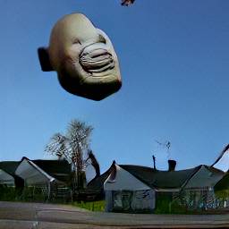AI generated image of a giant gray head floating above a suburban neighborhood