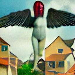 AI generated image of a giant humanoid naked angel standing over a a suburban neighborhood with wings spread and a red nondescript face